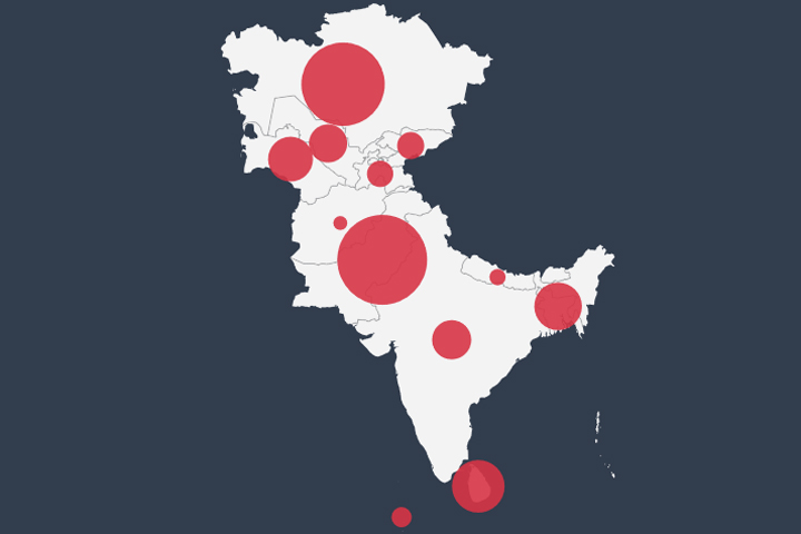 A map of South and Central Asia with red circles on it