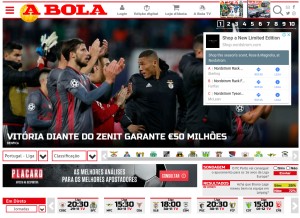 How abola.pt looks like on a tablet such as an iPad.