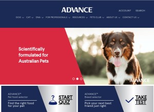 How advancepet.com.au looks like on a tablet such as an iPad.