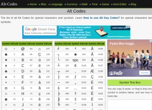 How alt-codes.net looks like on a tablet such as an iPad.