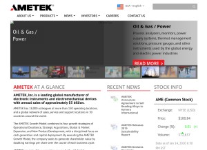 How ametek.com looks like on a tablet such as an iPad.