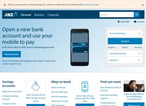 How anz.com looks like on a tablet such as an iPad.