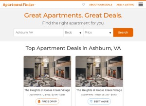 How apartmentfinder.com looks like on a tablet such as an iPad.