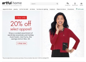 How artfulhome.com looks like on a tablet such as an iPad.