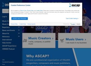 How ascap.com looks like on a tablet such as an iPad.