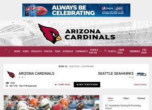 How azcardinals.com looks like on a tablet such as an iPad.