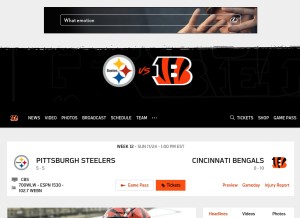 How bengals.com looks like on a tablet such as an iPad.