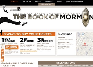 How bookofmormonbroadway.com looks like on a tablet such as an iPad.