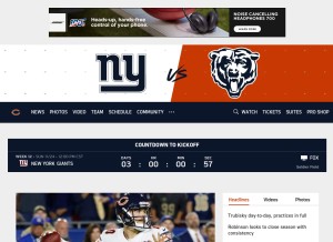 How chicagobears.com looks like on a tablet such as an iPad.