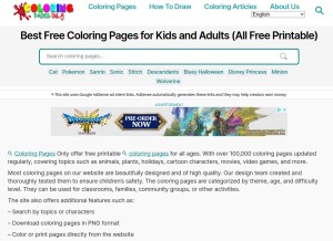 How coloringpagesonly.com looks like on a tablet such as an iPad.