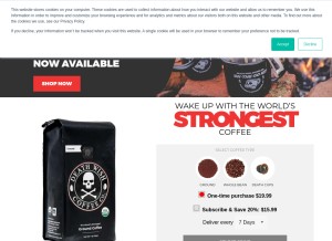 How deathwishcoffee.com looks like on a tablet such as an iPad.