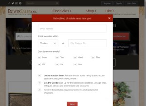 How estatesales.org looks like on a tablet such as an iPad.