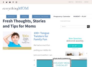 How everythingmom.com looks like on a tablet such as an iPad.