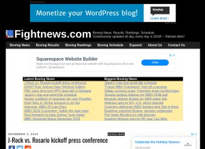 How fightnews.com looks like on a tablet such as an iPad.