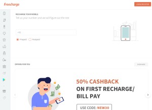 How freecharge.in looks like on a tablet such as an iPad.