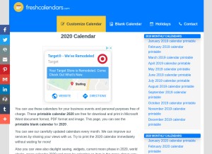 How freshcalendars.com looks like on a tablet such as an iPad.
