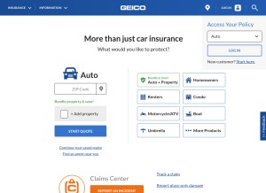 How geico.com looks like on a tablet such as an iPad.