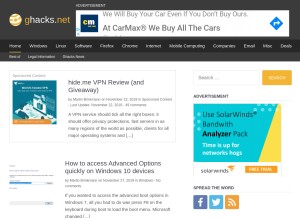 How ghacks.net looks like on a tablet such as an iPad.