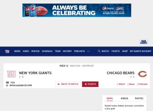 How giants.com looks like on a tablet such as an iPad.