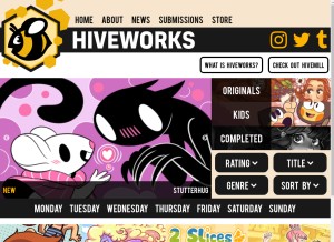How hiveworkscomics.com looks like on a tablet such as an iPad.