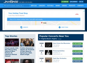How jambase.com looks like on a tablet such as an iPad.