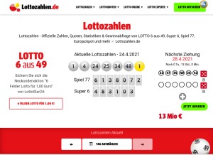 How lottozahlen.de looks like on a tablet such as an iPad.