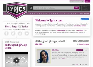 How lyrics.com looks like on a tablet such as an iPad.