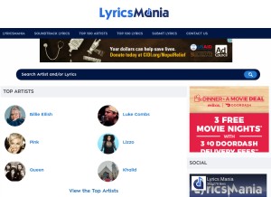 How lyricsmania.com looks like on a tablet such as an iPad.
