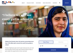 How malala.org looks like on a tablet such as an iPad.