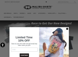 How malibushirts.com looks like on a tablet such as an iPad.