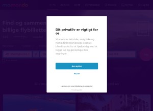 How momondo.dk looks like on a tablet such as an iPad.