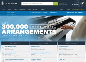 How musicnotes.com looks like on a tablet such as an iPad.