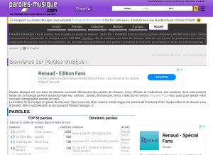 How paroles-musique.com looks like on a tablet such as an iPad.