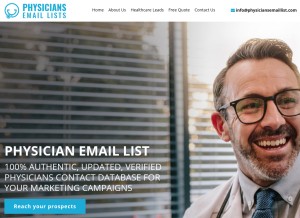 How physiciansemaillist.com looks like on a tablet such as an iPad.