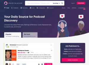 How podchaser.com looks like on a tablet such as an iPad.