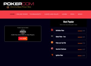 How poker.com looks like on a tablet such as an iPad.
