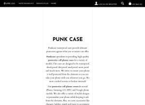 How punkcase.com looks like on a tablet such as an iPad.