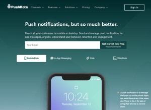 How pushbots.com looks like on a tablet such as an iPad.