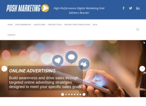 How pushmarketing.us looks like on a tablet such as an iPad.