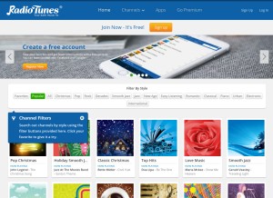 How radiotunes.com looks like on a tablet such as an iPad.