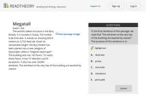 How readtheory.org looks like on a tablet such as an iPad.