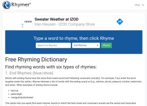 How rhymer.com looks like on a tablet such as an iPad.