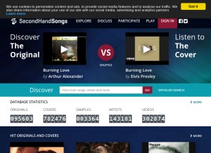 How secondhandsongs.com looks like on a tablet such as an iPad.