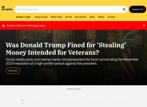 How snopes.com looks like on a tablet such as an iPad.