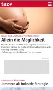 How taz.de looks like on a mobile device such as an iPhone.