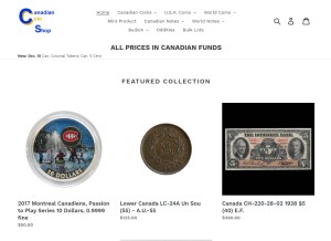How thecanadiancoinshop.com looks like on a tablet such as an iPad.