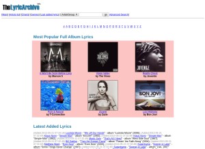 How thelyricarchive.com looks like on a tablet such as an iPad.