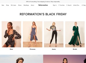 How thereformation.com looks like on a tablet such as an iPad.