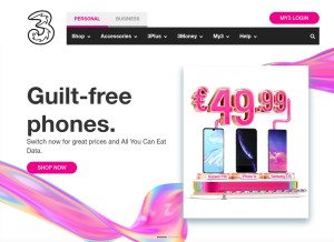 How three.ie looks like on a tablet such as an iPad.