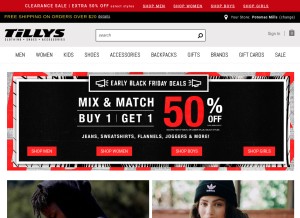 How tillys.com looks like on a tablet such as an iPad.